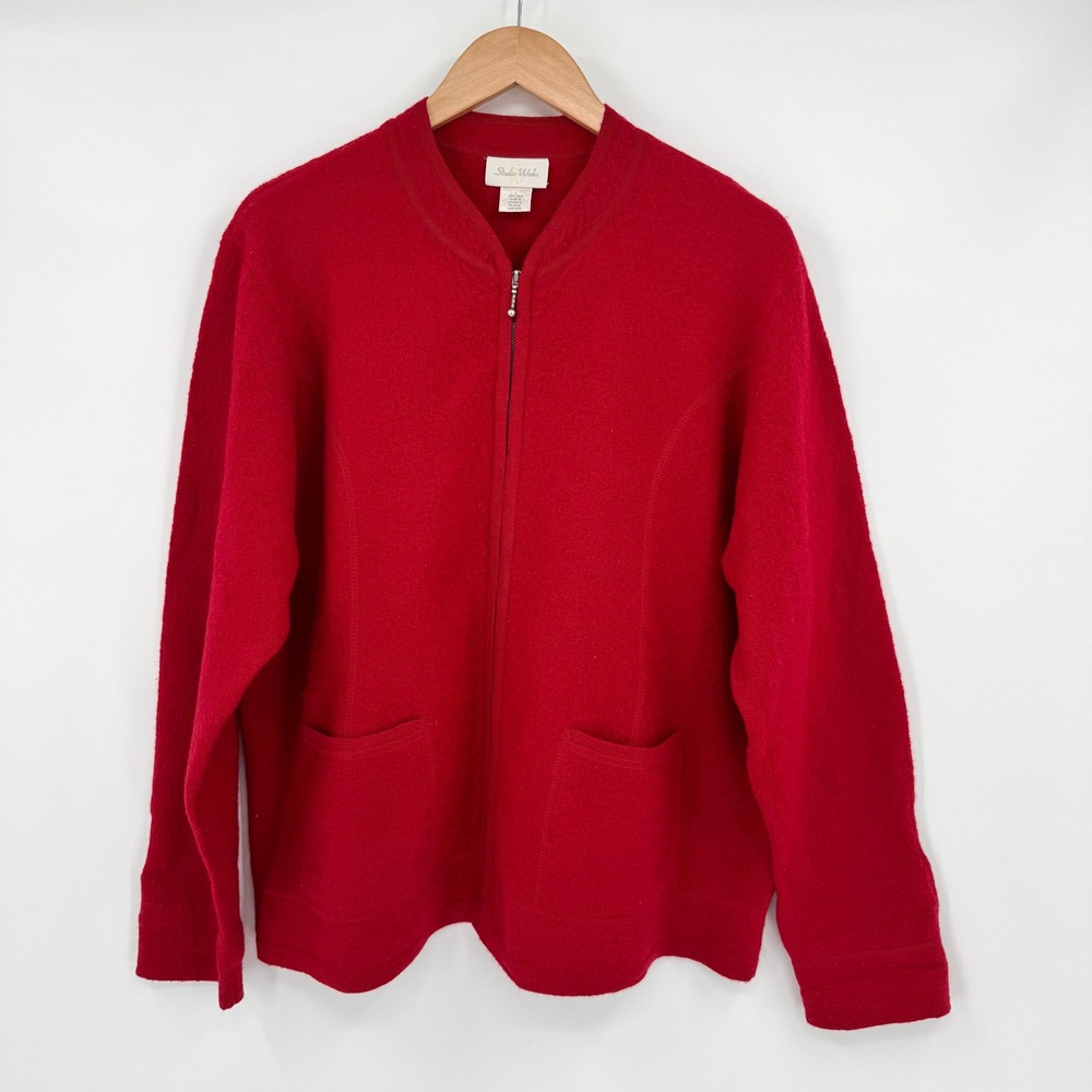 Studio Works Red 100% Wool Zip Front Cardigan Sweater Womens L Australian Made